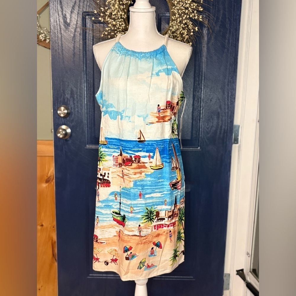 London Times Multicolor Beach Scene Linen Blend Dress NWT size 10